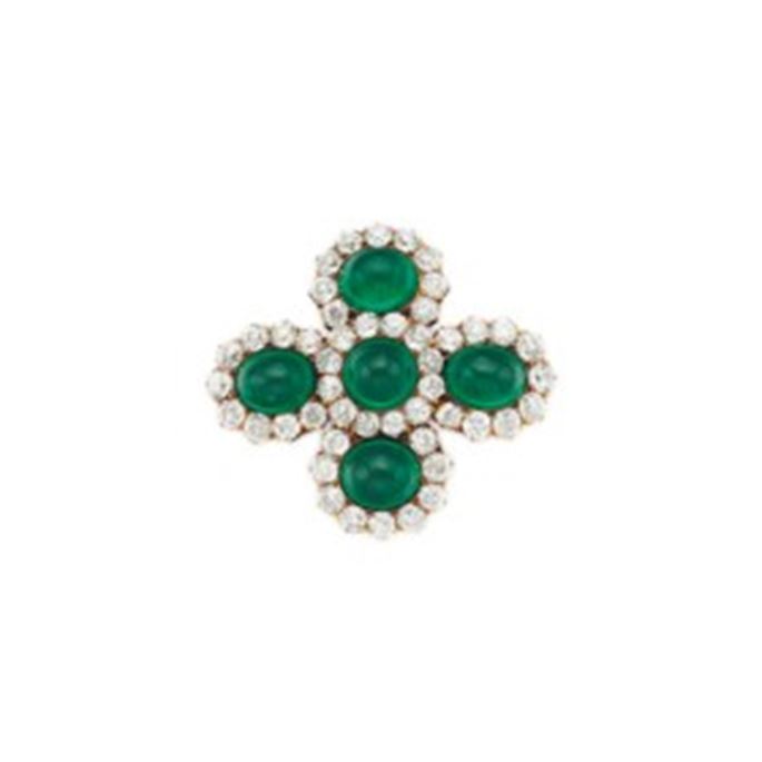 Cabochon emerald and diamond cross shaped cluster brooch, with Colombian emeralds | MasterArt